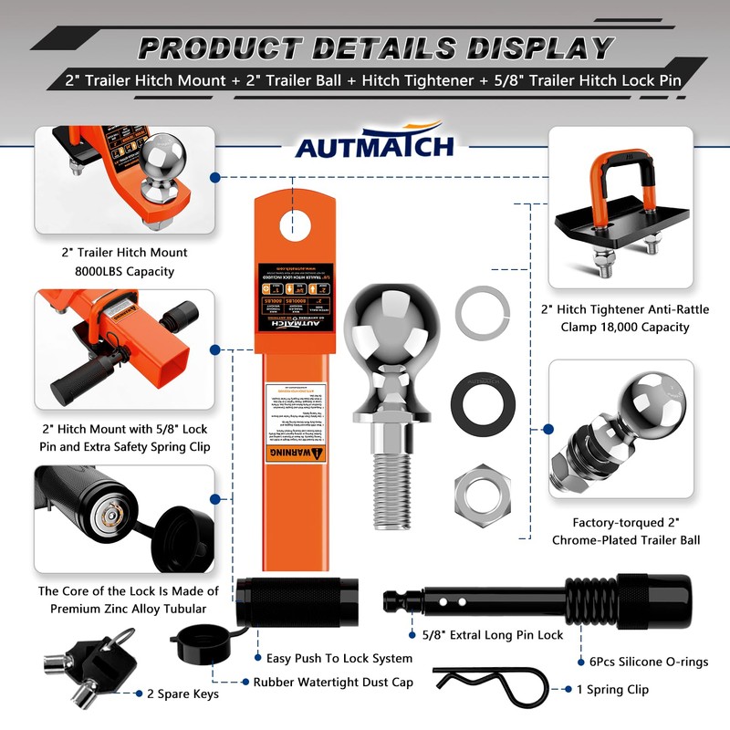 AUTMATCH Trailer Hitch Ball Mount with 2 Inch Hitch Ball