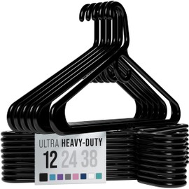 NEATERIZE Ultra Heavy Duty Plastic Clothes Hangers - Black - Durable Coat, Suit and Clothes Hanger. Perchas De Ropa (12 Pack - Black)