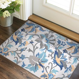 GENIMO Entryway Rug Floral Rug for Entryway, 2x3 Washable Door Mat Non Slip, Thin Floor Rugs for Entryway Hallway Bathroom Laundry Room Corridor, Gray/Blue