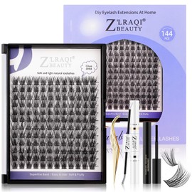 Cluster Lashes 144Pcs Individual Lashes DIY Eyelash Extensions Kit Russian D Curl Volume Fluffy false eyelashes with Lashes Bond & Seal, Applicator and Lash Remover Glue (Purple)
