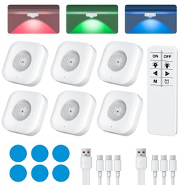 GODENBA RGB Puck Lights with Remote Control, Rechargeable Under Cabinet & Closet Lights, 1500mAh Battery, Dimmable Wireless Stick-On LED Lights with Timer for Kitchen, Closet, Shelf (6 Pack)