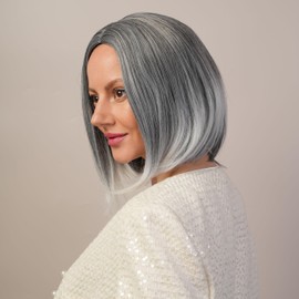 Stylophyx Silver Gray Bob Wig 12 Inches Short Bob Wig Heat Resistant Hair Synthetic Hair Suitable for Women Role Dressing Daily Outings Gatherings Parties