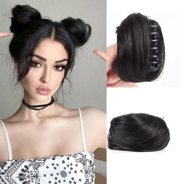 2 x Mini Claw Fake Hair Space Bun Hair Doughnut Chignon Mini Claw Bun Clip in Messy Hair Bun Claw Clip in Updo Bun Extensions Wig Accessory (Pack of 2, 1B)