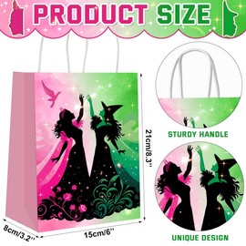 suonengongyi Pink and Green Paper Bags with Handles 16PCS Gift Bags with 4 Witch Patterns Wrapping Paper Bag for Girls Boys Birthday Party Witch Themed Party Decorations