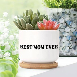 DecStic Best Mom Ever Planter Ceramic Bible Verse Round Flower Pot with Drainage Holes and Bamboo Tray Pot for Home Office Desk Garden