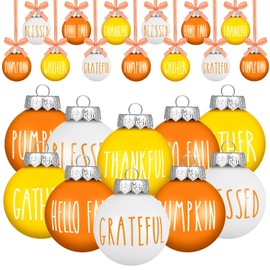 Thinkday 24 Pcs Thanksgiving Ball Ornaments for Tree 2.36 Inch Fall Plastic Hanging Ornaments Orange Ball Ornaments Thanksgiving Hanging Decorations for Home Harvest Decor (Orange,Yellow,White)