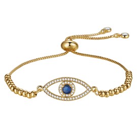 Flongo Gold Evil Eye Bracelet: Women's Delicate Evil Eye Amulet Bracelet Gold Beads Bangle Adjustable Stackable 14k Gold Plated Gift for Women Girls Christmas Mother Daughter