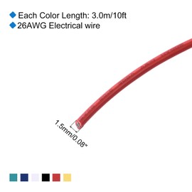 sourcing map 26 Gauge PVC Hookup Wire 3.0m/10ft 26AWG Flexible Electrical Wire UL1007 Tinned Copper Stranded 6 Color, 1.5mm Dia for Model Aircraft Electric Appliances Internal Connect