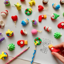 Kaemi 32 Pcs Christmas Erasers Desk Pets for Kids Classroom Prizes Fun 3D Puzzle Animal Food Erasers Bulk Mini Cute Snowman Holiday Erasers for Party Favors Treasure Box Goodie Bag Stuffers