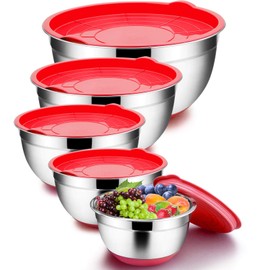 TeamFar Mixing Bowls with Lids Set, 7/3.5/2.5/1.5/1 QT, Stainless Steel Large Red Nesting Metal Salad Mixing Bowl Set of 5, Healthy & Easy Clean, Airtight Lid & Non-slip Bottom