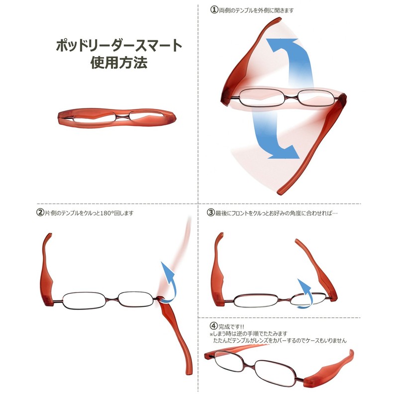 PodReader Smart ポッドリーダースマート ブルーライトカット ケース付 リーディンググラス 折りたたみ 携帯 軽量 (+1.0,
