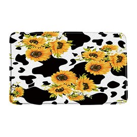 Cowhide Sunflower Bath Mat Black White Milk Cow Print Yellow Sunflower Creative Rustic Farmhouse Bathroom Decor Rug Absorbent Doormat Kitchen Toilet Floor Rug,19.7" x 31.5"