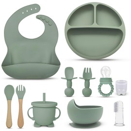 EZIO'S Baby Weaning Set –11 Pieces Silicon Feeding Set - Suction Baby Plate with Round Fruit Feeder with Straw – Baby Bowls for weaning, Food Plate Kit, Cup, Bib, Fork, Spoon (Pale Green)