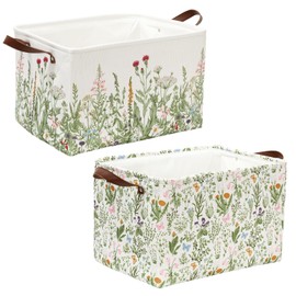 FYSUIMU 2Pcs Vintage Wildflower Rectangle Storage Basket 15 x 10.2 x 9.4 Inch Green Floral Foldable Open Toy Organizer Bag with Handle Large Laundry Dirty Cloth Storage Bin for Bedroom Shelves Closet