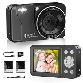 Digital Camera, 4K 64MP, 18X Zoom, Point and Shoot Digital Camera with 64GB SD Card & 2 Batteries, Portable Rechargeable Small Camera for Kids Teens Adult, Black