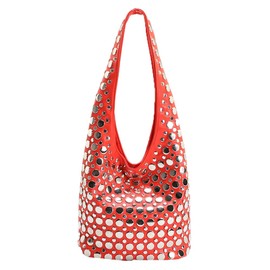 Trendy Studded Shoulder Bag Vegan Leather Tote Bag For Women Y2K Hobo Handbag Womens Bucket Bag Casual Punk Purse Streetwear, Red