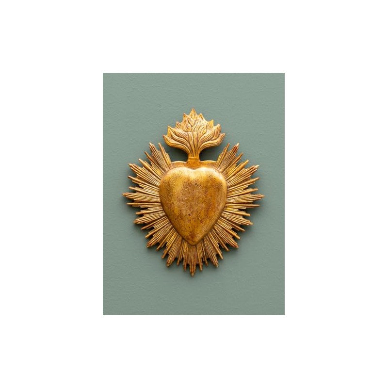 Ex-voto Golden Heart with Flame and Engravings Dimensions 23 x