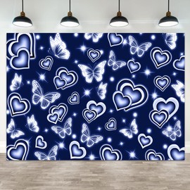 ASDCXZ 8x6ft Y2K Backdrop Blue Heart Early 2000s Photography Background Old School 90s Love Butterfly Wedding Party Valentine's Day Banner Decorations Newborn Baby Shower Birthday Photo Booth Prop