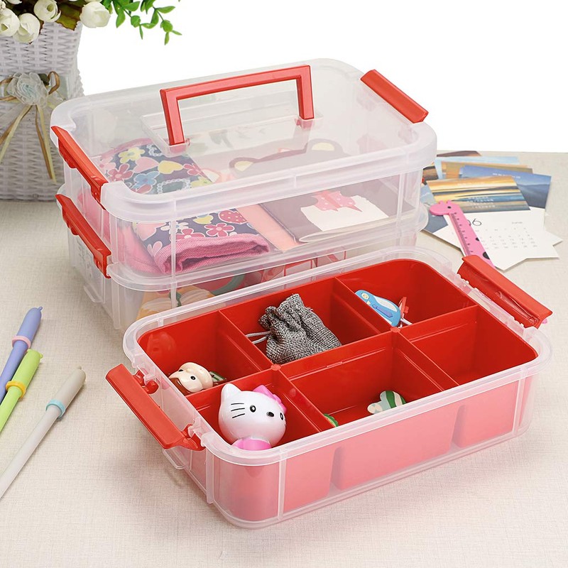 JUXYES 3-Tiers Stack Carry Storage Box With Divided Tray, Transparent