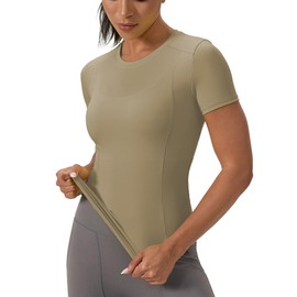 LEICHR Breathable Compression Short Sleeve Women Quick Dry Crew Neck Gym Tee Shirts Basic Running Yoga Tops Khaki