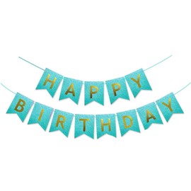 Teal Glitter Gold Happy Birthday Banner Sign Turquoise Aqua Decorations for Girls Men Women Anniversary Birthday Party Garland Backdrop Supplies Nursery Hanging Décor
