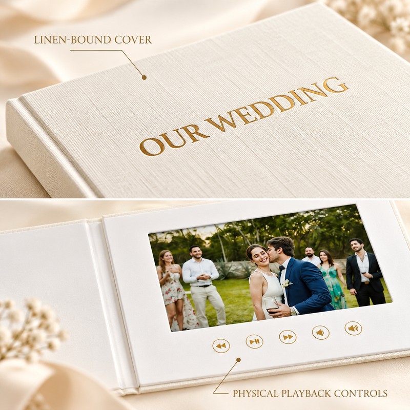 7 Inch Digital Wedding Video Album, Linen Hardcover Video Book