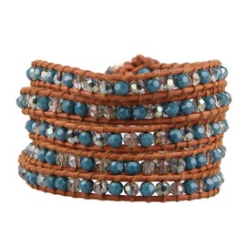 KELITCH Greenish Blue Crystal Bead 5 Wrap Bracelet on Brown Leather