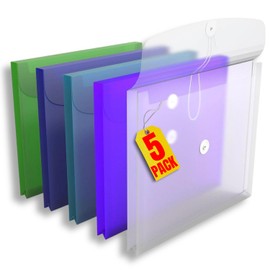 1InTheOffice Poly Envelopes Expandable Plastic Clear Envelope with Button & String Closure, Letter Size, Assorted Colors, 5 Pack