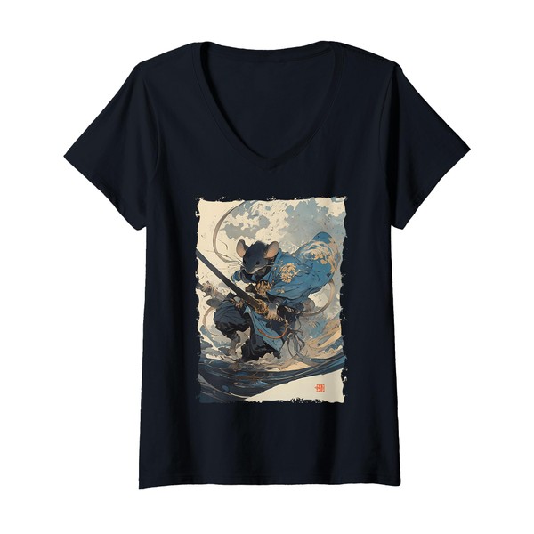 Womens Samurai Mouse Art - Ukiyo-e Warrior V-Neck T-Shirt