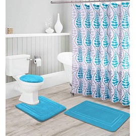 Bathroom Collection Aqua/Light Blue 16pc Bathroom Accessory Set - Non-Slip Bath Mat, Non-Slip Contour Mat, Toilet Lid Cover and Waterproof Shower Curtain with Rustproof Metal Roller Hooks