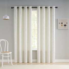 Taisier Home Silver Foil Print Linen Textured Curtains - Geometric Dots Pattern Design for Nursery, Toy Room - Thermal Insulated Window Treatment, 2 Panels, 54" L, Off White and Silver