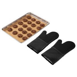 Restaurantware-Comfy Grip 14 x 7.3 Inch Thick Baking Mitts, 1 Food-Grade Cooking Glove Set - 2-Piece Set, Heat-Resistant, Black Silicone Oven Mitts, Honeycomb Texture, With Soft Cotton Lining