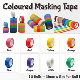 JiaaOne Coloured Masking Tapes Set for Painting, Rainbow Crepe Paper Painters Tape, Residue-Free & Writable, Coloured Craft Tape for DIY, Gift Wrapping, Office Labeling & Scrapbooking (8, 15mm*13m)