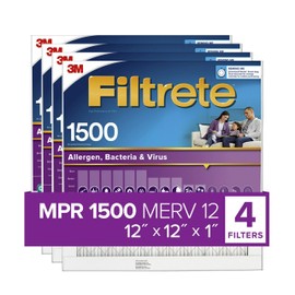 Filtrete 12x12x1, AC Furnace Air Filter, MPR 1500, Healthy Living Ultra Allergen, 4-Pack (exact dimensions 11.81 x 11.81 x 0.78)