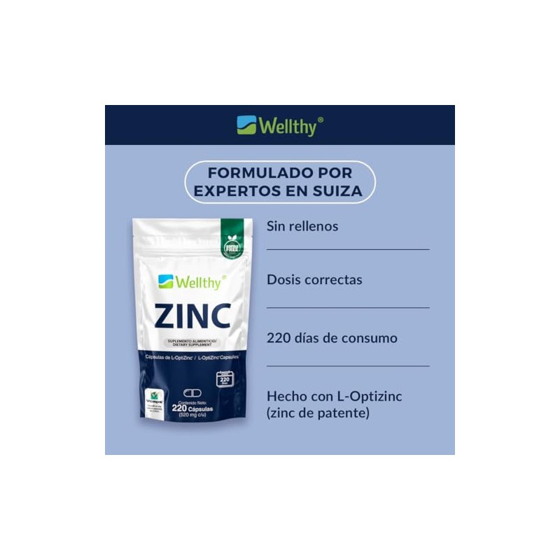 Wellthy Zinc 20mg 220 Cápsulas Hecho Optizinc Fórmula Alta Absorción