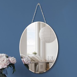 QMDECOR Oval Silver Mirror with Iron Chain - 12x16 inch Vertical or Horizontal Wall Hang Frame Less Mirror - 5 mm Beveled Handicraft Mirror