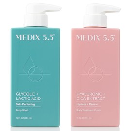 Medix 5.5 Exfoliating AHA Glycolic Acid Face & Body Scrub Cleanser + Hyaluronic Acid Moisturizing Body Cream Lotion Skin Care 2PC Set | Alpha Hydroxy Acid & Lactic Acid Foaming Body Wash & Face Wash