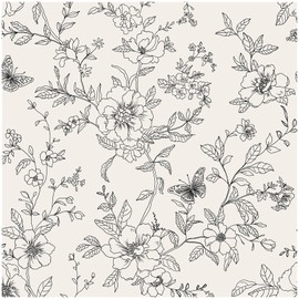 Black and Cream Floral Wall Paper Peel and Stick Wallpaper Boho 17.3"×393" Vintage Butterfly Flower Removable Self Adhesive Wallpaper for Bedroom Floral Contact Paper for Cabinets Mural Decor Vinyl