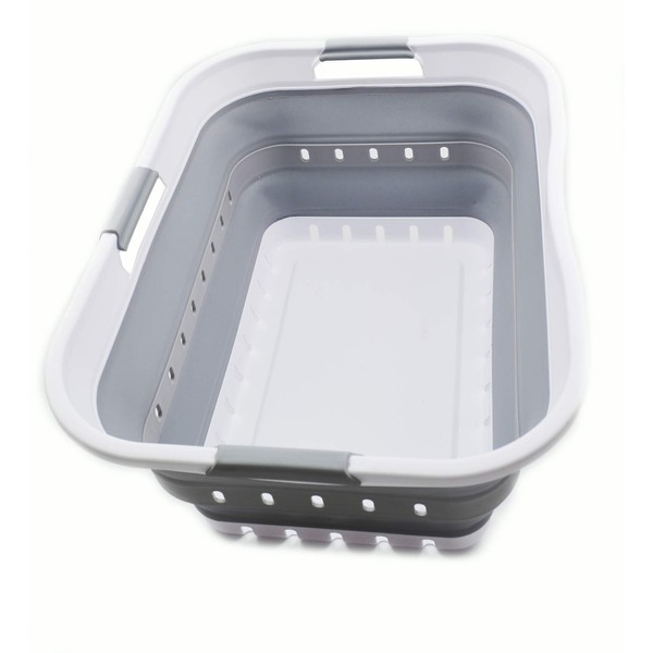 SAMMART 42L (11 gallon) Collapsible Plastic Laundry Basket - Foldable Pop Up Storage Container/Organizer - Portable Washing Tub - Space Saving Hamper/Basket (1, White/Grey)