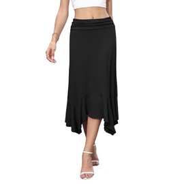 NILOUFO Women's Handkerchief Hemline Midi Skirt Summer Casual Flowy High Waisted Stretchy Skirts (Black, XX-Large)