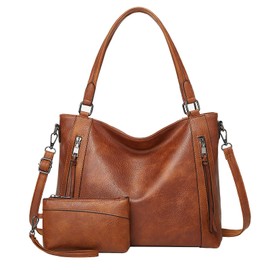 Long Keeper Women's Large Handbag Tote Bag Shopper Women's Leather Shoulder Bag Women's Shoulder Bag Faux Leather Handbag with Purse Set of 2, Brown-Style2