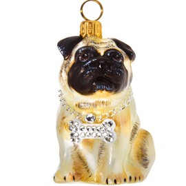 Joy To The World Fawn Pug Rapper with Bone Necklace Polish Glass Christmas Tree Ornament Dog Pet