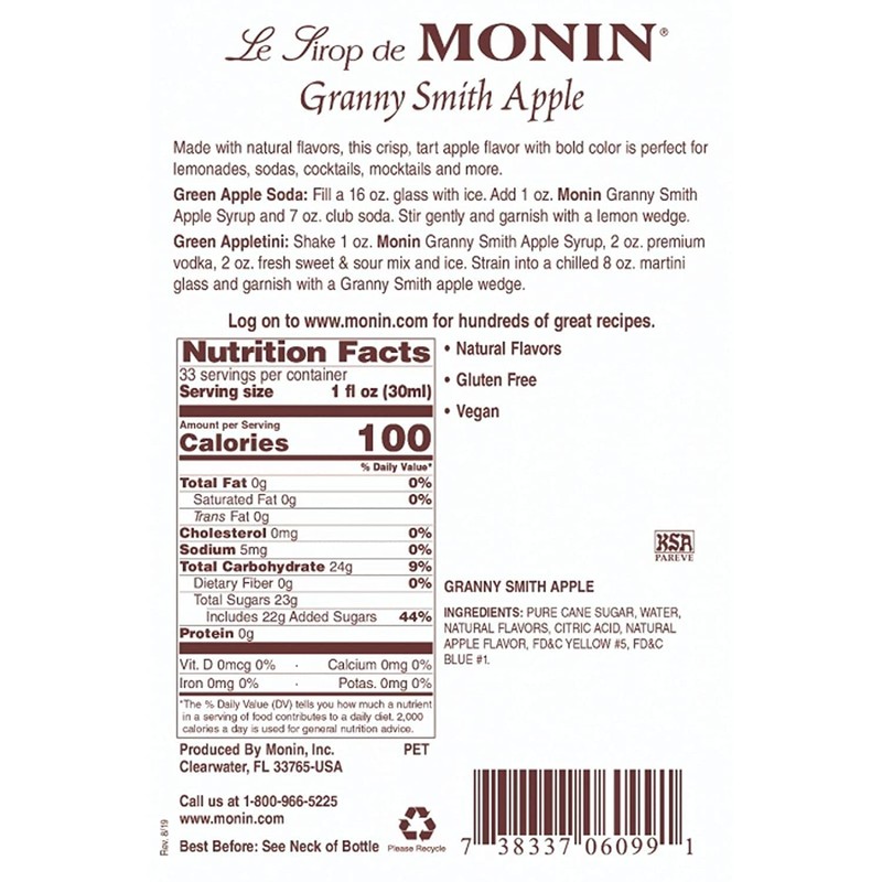 Monin - Granny Smith Apple Syrup, Great for Cocktails and