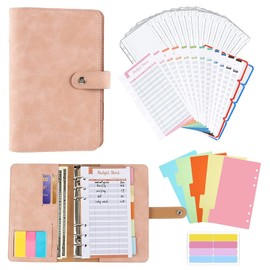 Budget Folder A6 PU Leather Binder, Includes 1 Soft Leather Binder Sleeve, 12 Cash Envelopes with Zipper Envelopes, 12 Budget Sheets, 5 Dividers, Label Stickers, Savings Folder (Bean Paste Powder)