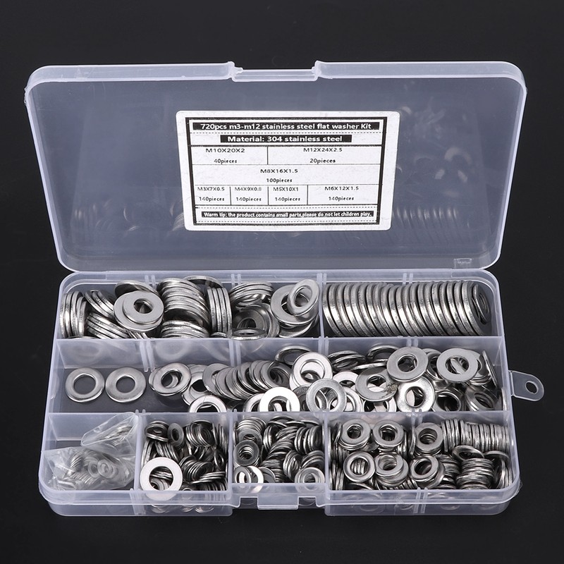 720Pcs Flat Washer Kit 304 Stainless Steel Silver Spring Gasket