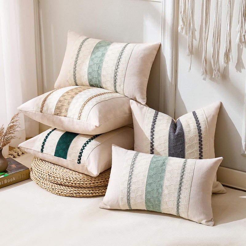 Cushion Covers Sage Green Boho Striped Geometric Decorative Cotton Pillowcases