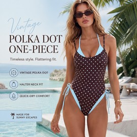 Vintage Polka Dot One-Piece Swimsuit for Women – Reversible Halter Bathing Suit for Beach Vacations