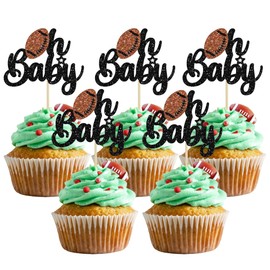 24 piezas de rugby Ball Oh Baby Cupcake Toppers con purpurina de fútbol americano para baby shower para rugby Sports Theme Baby Shower para decoración de tartas de cumpleaños para niños