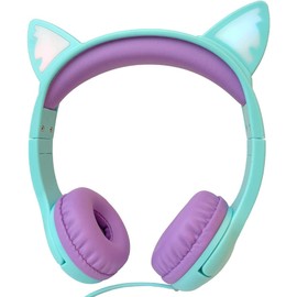 Olyre Kids Headphones, Girls Headphone Cat Ears LED Light Up Safe Volume Limited 85dB for Children Wired On Ear Toddler Earphones for Laptop/Tablet/Online/School/Travel Green/Purple