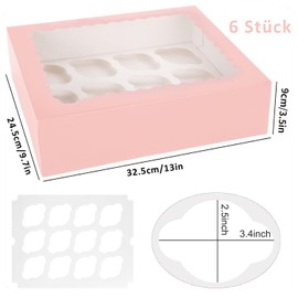 12 Holes Cupcake Transport Box, Muffin Transport Box, Cupcake Box with Transparent Window, Bakery Boxes for Cupcake Carrier, Cupcake Containers (6 Pieces, Pink)